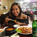 Enjoying the spicy Korean food