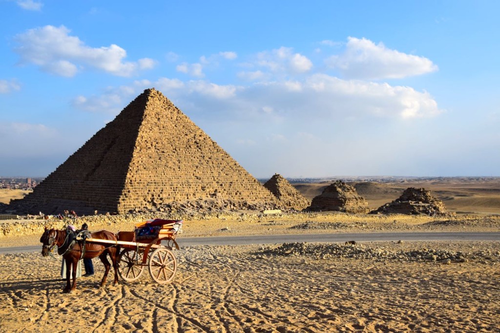 An empty horse cart at the Pyramids. 